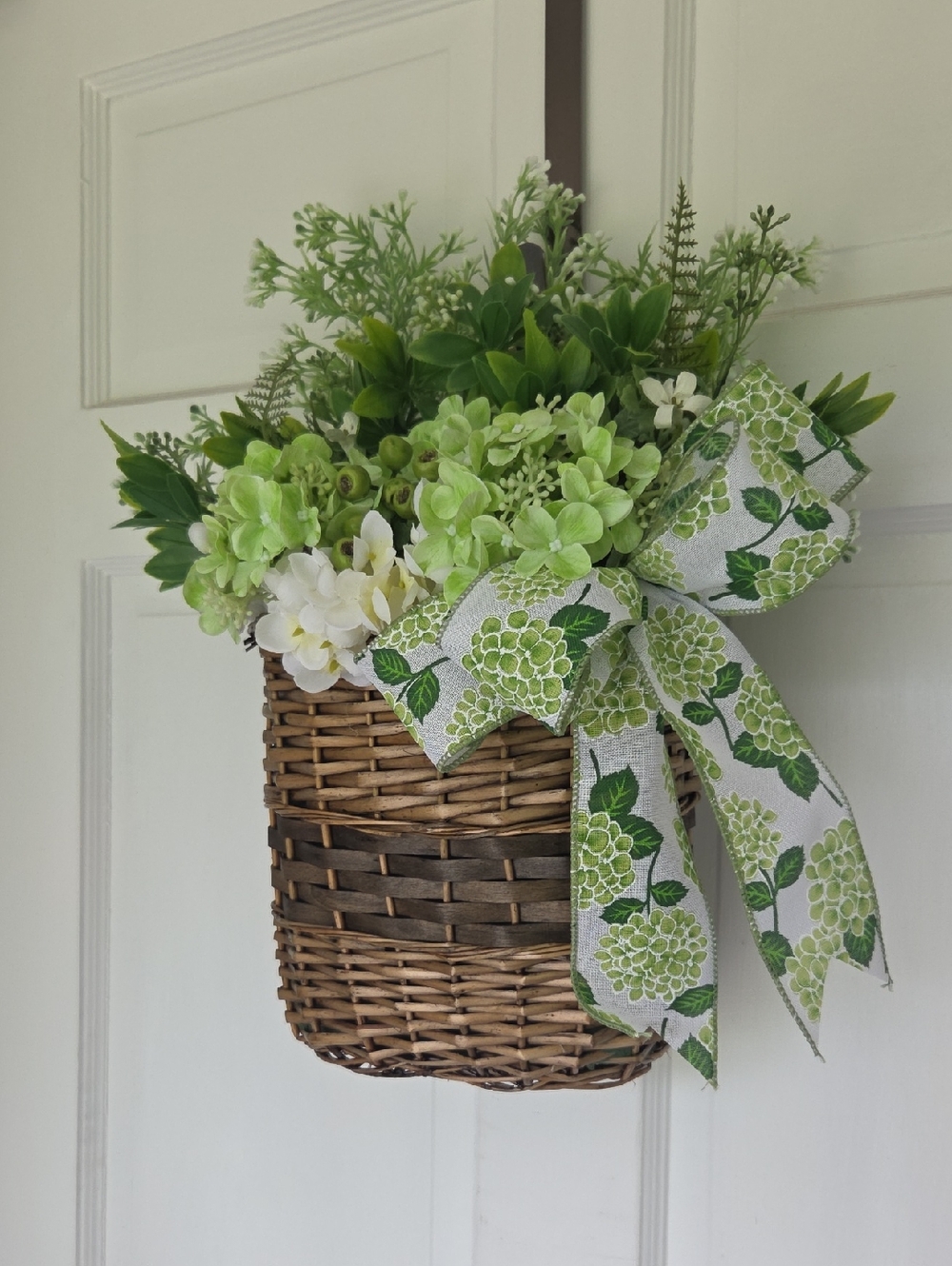 Green Hydrangea Floral Wreath Door Basket Decorative Bow Year Round Door Wreath